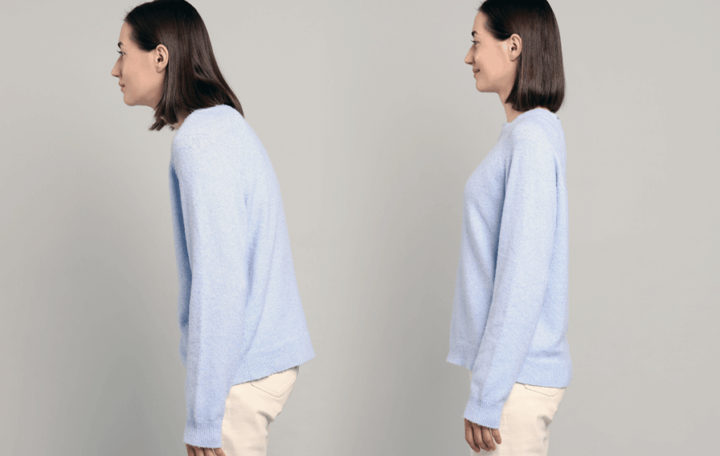 腰痛における悪い姿勢と良い姿勢を女性が行なっている姿