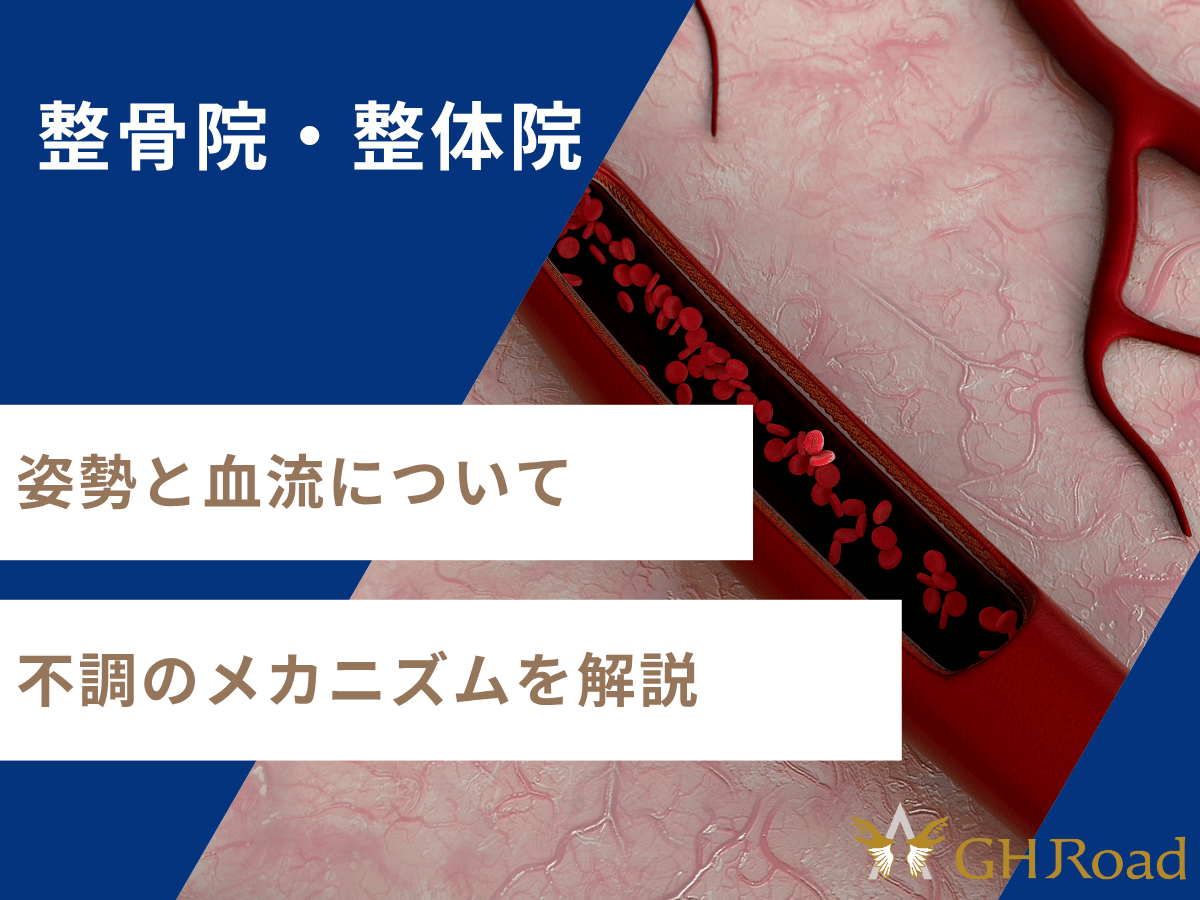 姿勢と血流の悪化が不調に関係するということを血管の写真を用いて表現している